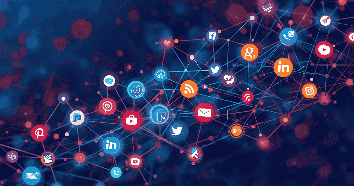 Abstract digital network background showing interconnected icons of popular platforms like Twitter, LinkedIn, Instagram, and YouTube, symbolizing a dynamic social media strategy for online marketing and brand engagement