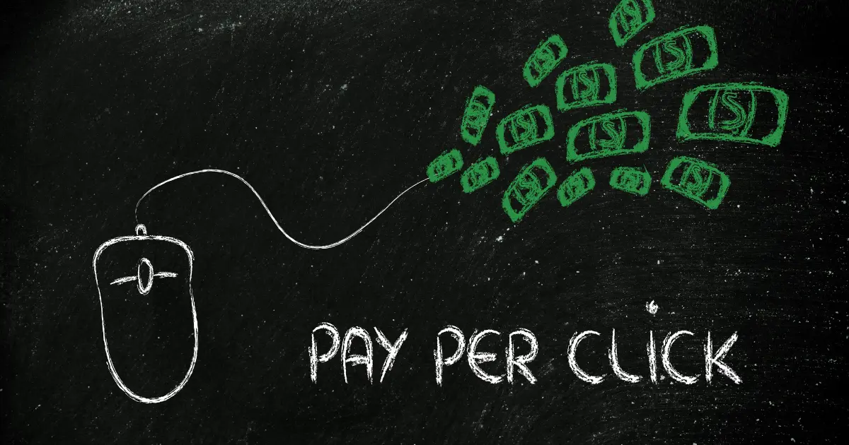 Illustration of a computer mouse connected to floating dollar bills on a chalkboard background, symbolizing Pay Per Click (PPC) advertising concept, representing digital marketing and paid promotion strategies