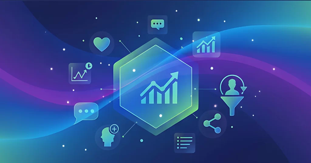 Colorful digital illustration showing analytics icons, charts, user funnel, engagement symbols, and growth metrics, representing Social Media Key Performance Indicators for tracking business success