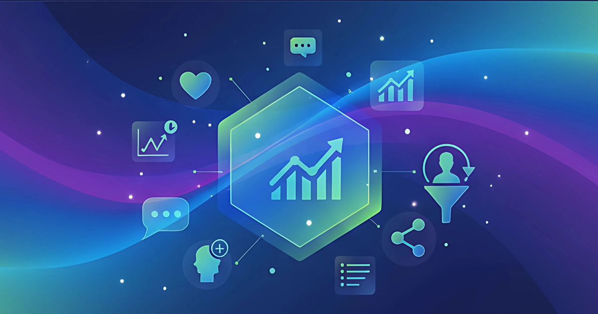 Colorful digital illustration showing analytics icons, charts, user funnel, engagement symbols, and growth metrics, representing Social Media Key Performance Indicators for tracking business success