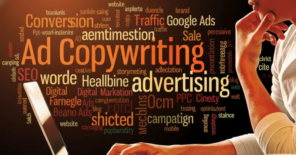 : A person using a laptop, surrounded by a word cloud highlighting terms like "Ad Copywriting," "Conversion," "Traffic," "Google Ads," "Advertising," and "SEO," representing digital marketing strategy.