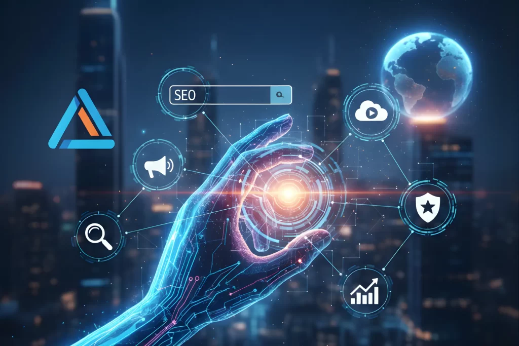 A glowing, transparent blue arm, formed by digital circuits and light, extends into the foreground against a blurred city skyline at night. The hand emanates a bright light, surrounded by circular icons representing various digital marketing concepts: SEO, a megaphone, a magnifying glass, a cloud, a shield, a globe, and a bar graph. In the upper left, there's a triangular logo.