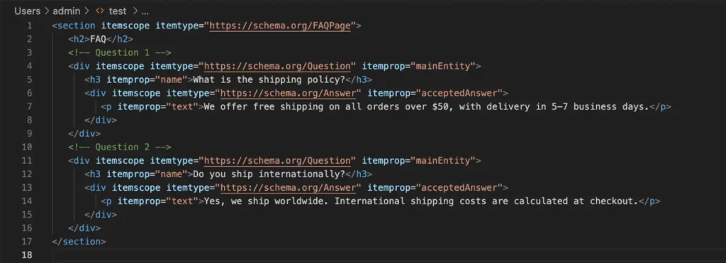 Screenshot of a code editor displaying an HTML FAQ section written using Schema.org microdata markup, with two question-and-answer blocks shown in the editor