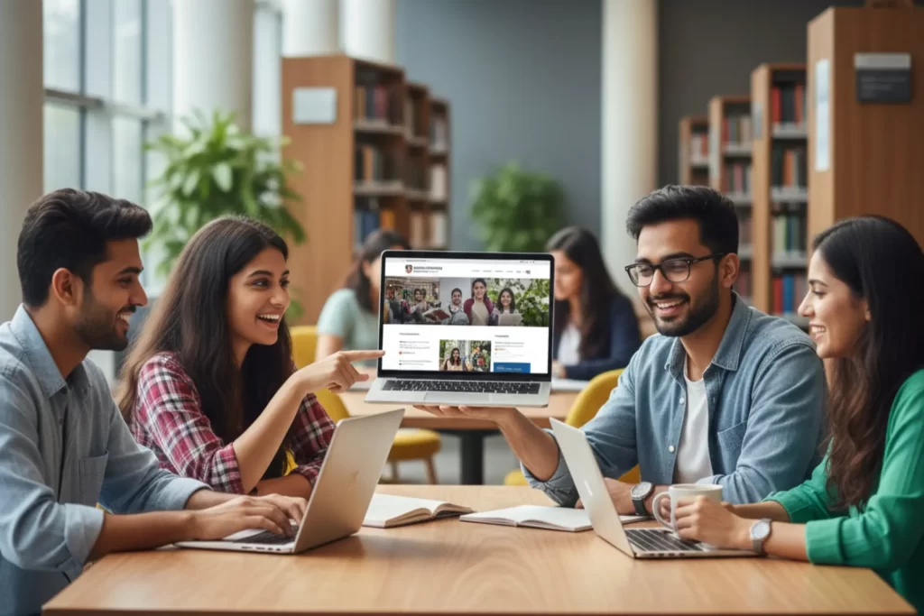 Diverse group of enthusiastic Indian university students collaborating around a table in a modern library, looking at a laptop displaying a well-designed, engaging university website homepage.