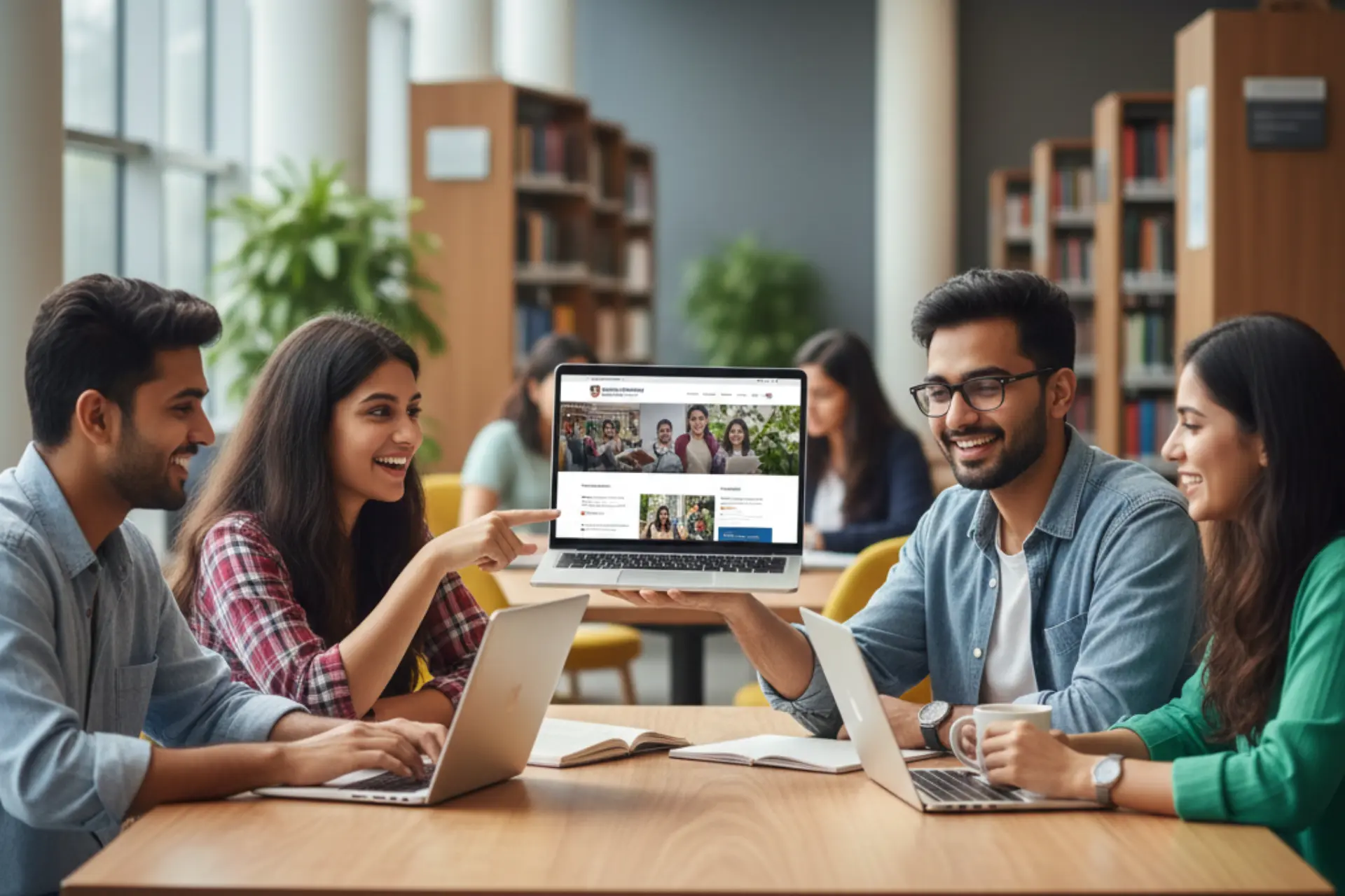 Diverse group of enthusiastic Indian university students collaborating around a table in a modern library, looking at a laptop displaying a well-designed, engaging university website homepage.