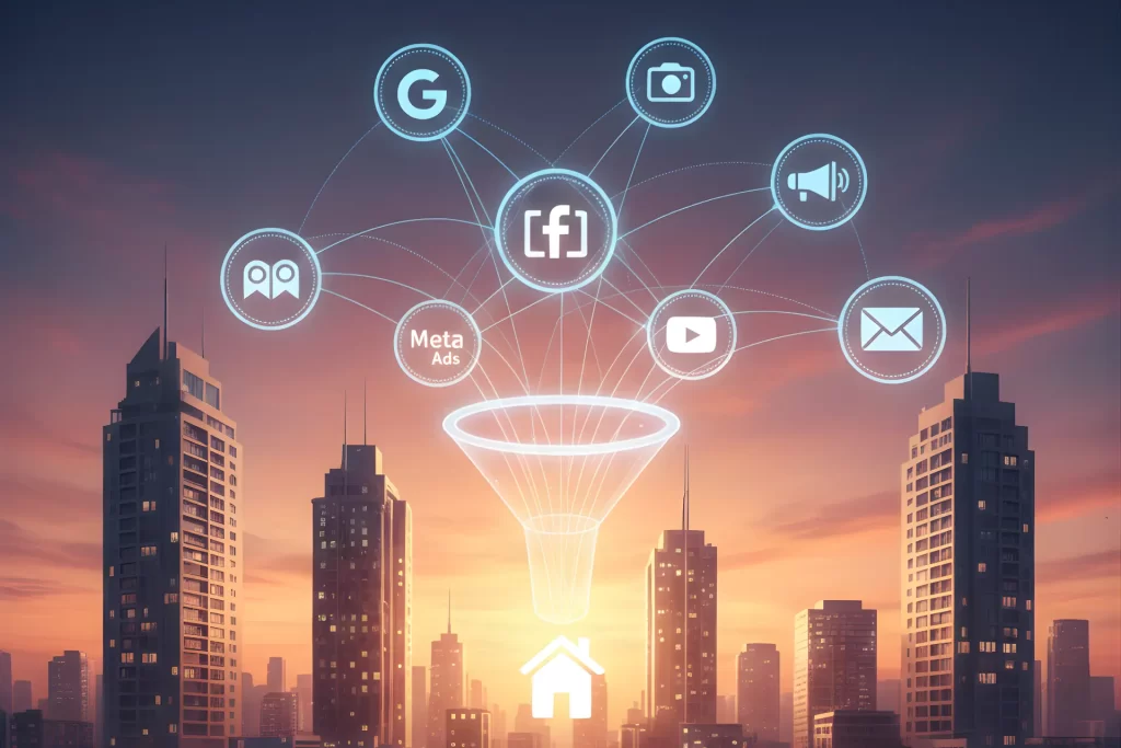 A vibrant digital marketing for real estate concept image depicts a cityscape at sunset. Above the city, various social media and marketing icons like Google, Facebook, Instagram, YouTube, email, and a megaphone (representing ads) are connected by glowing lines to a central funnel. The funnel narrows down to a glowing house icon, symbolizing how digital marketing channels lead to a successful real estate outcome. The sky is a blend of orange, pink, and purple, highlighting the modern buildings