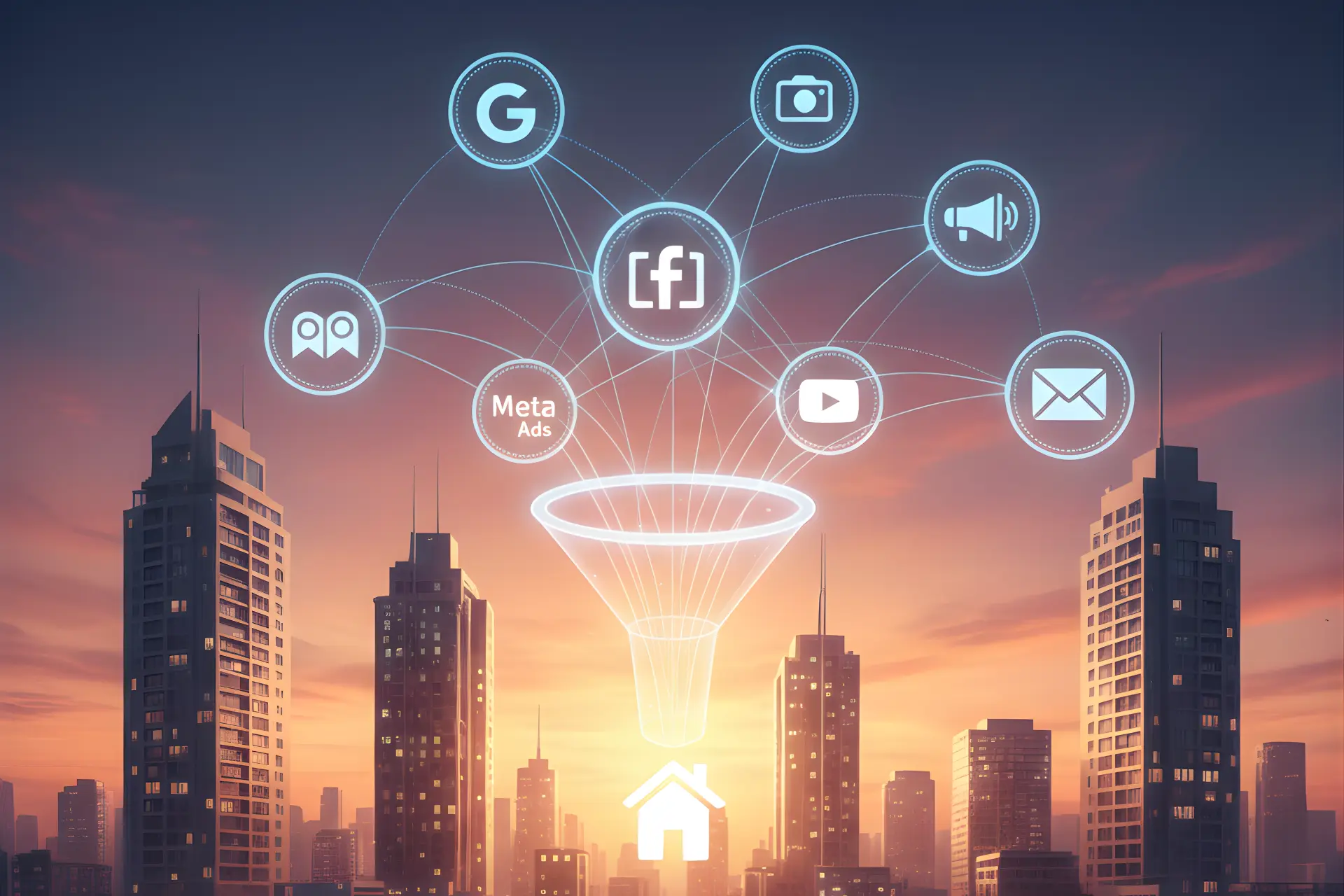 A vibrant digital marketing for real estate concept image depicts a cityscape at sunset. Above the city, various social media and marketing icons like Google, Facebook, Instagram, YouTube, email, and a megaphone (representing ads) are connected by glowing lines to a central funnel. The funnel narrows down to a glowing house icon, symbolizing how digital marketing channels lead to a successful real estate outcome. The sky is a blend of orange, pink, and purple, highlighting the modern buildings