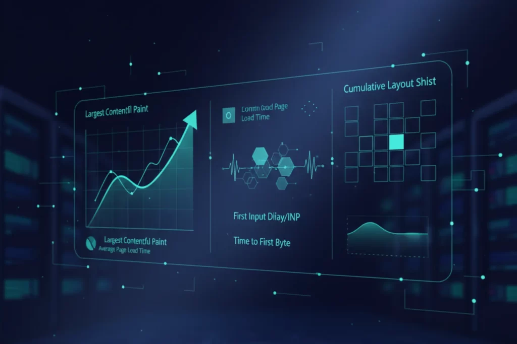 An abstract, dark-toned digital interface displaying various graphs and metrics related to website performance. Key performance indicators like "Largest Contentful Paint," "First Input Delay / INP," and "Cumulative Layout Shift" are visible on glowing blue panels. The background features blurred server racks, suggesting a data center environment.