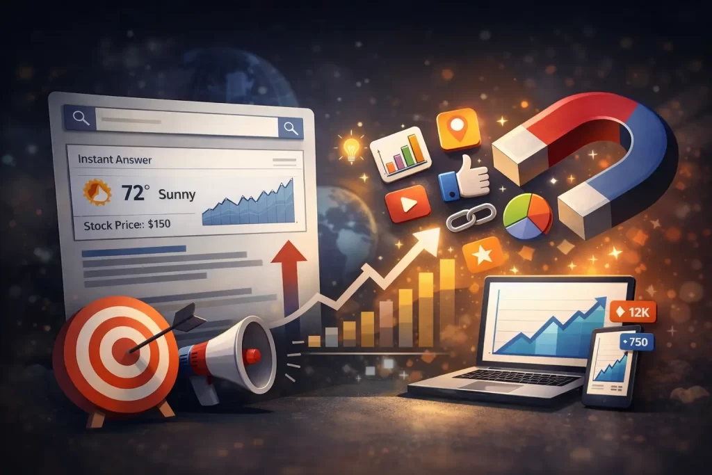 Realistic laptop and smartphone on a desk displaying blurred search result interfaces, with subtle floating icons and upward analytics visuals representing brand visibility and growth in a zero-click search environment