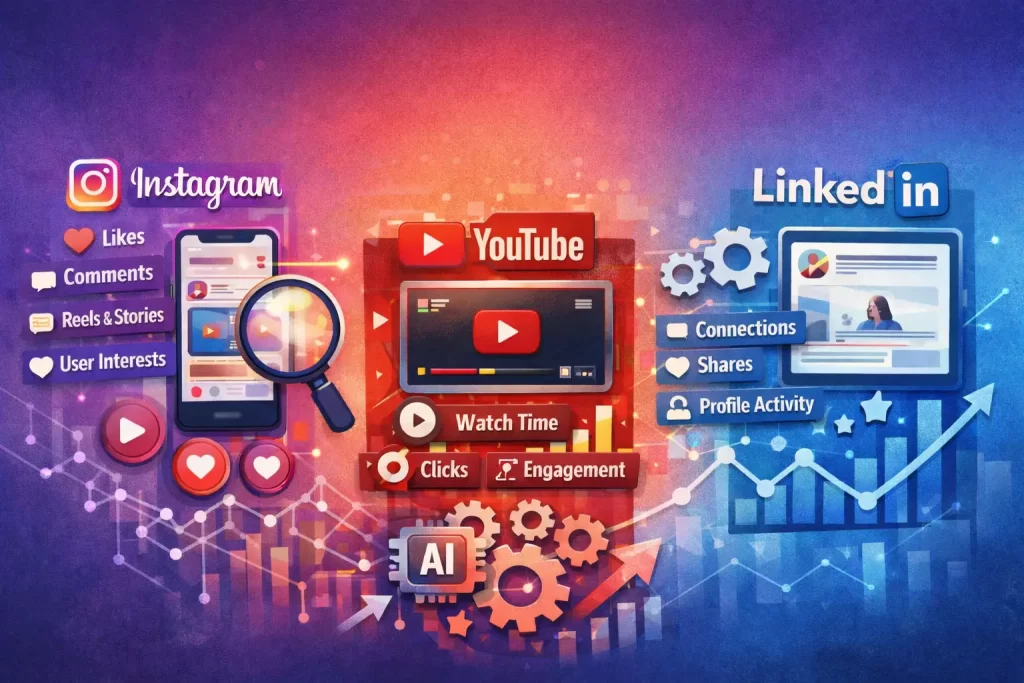 Illustration showing how social media algorithms work across Instagram, YouTube, and LinkedIn, with visual elements like feeds, video players, engagement icons, data graphs, gears, and AI symbols representing content ranking and platform discovery