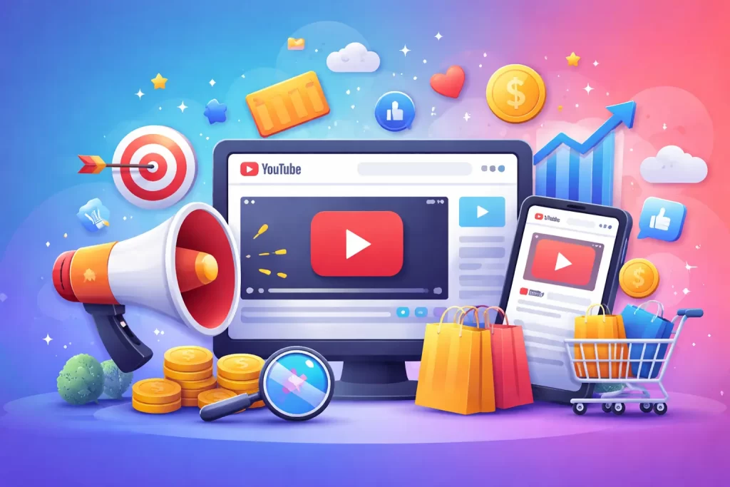 Illustration showing YouTube advertising and digital marketing concepts, with a video player on a desktop screen, a mobile phone displaying video content, growth charts, target icon, megaphone, shopping cart, coins, and engagement icons representing video ads, conversions, and ROI growth across devices.