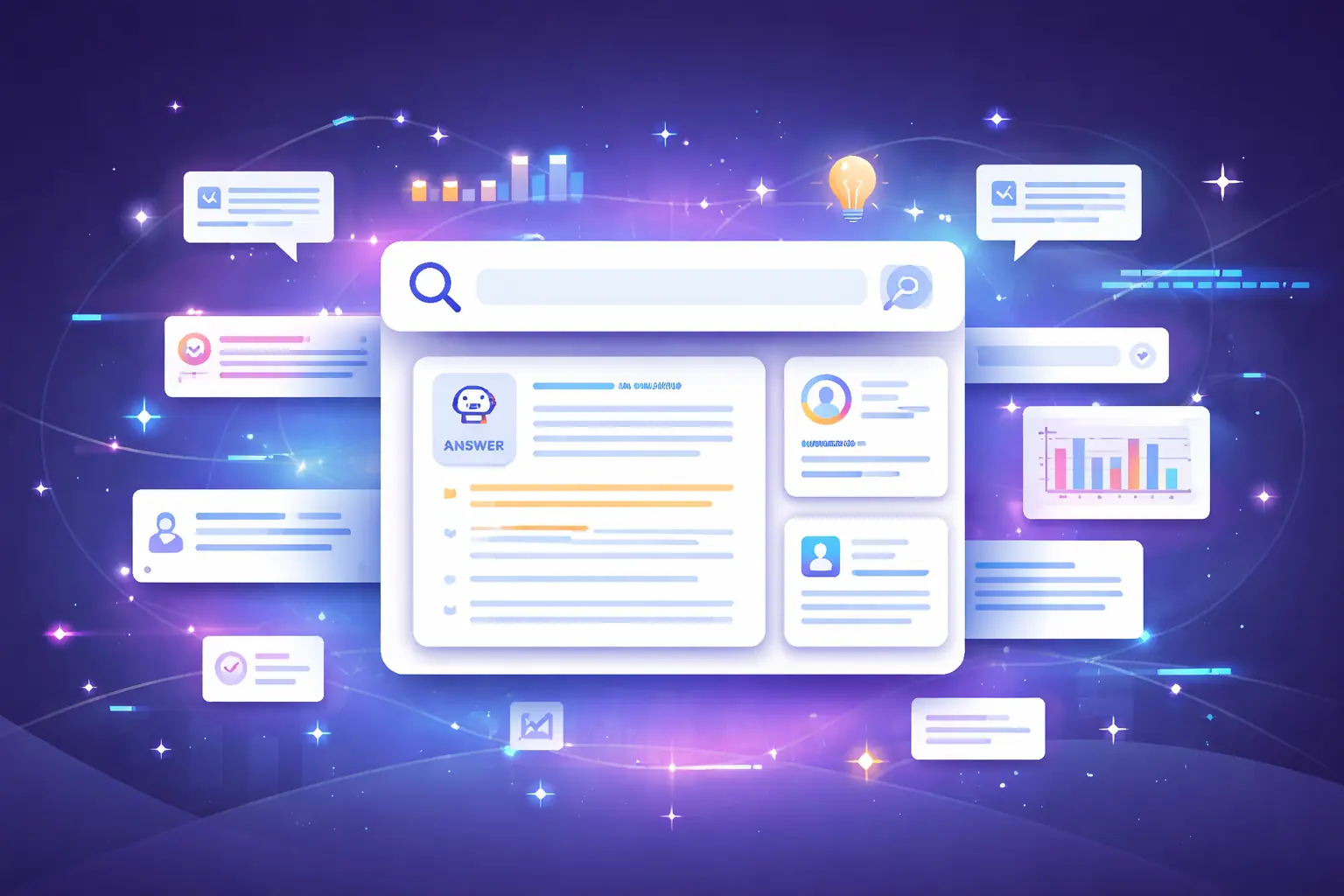 Futuristic illustration showing AI-driven Zero-Click Search results, with a search interface displaying instant answers, knowledge panels, and data insights without website clicks.