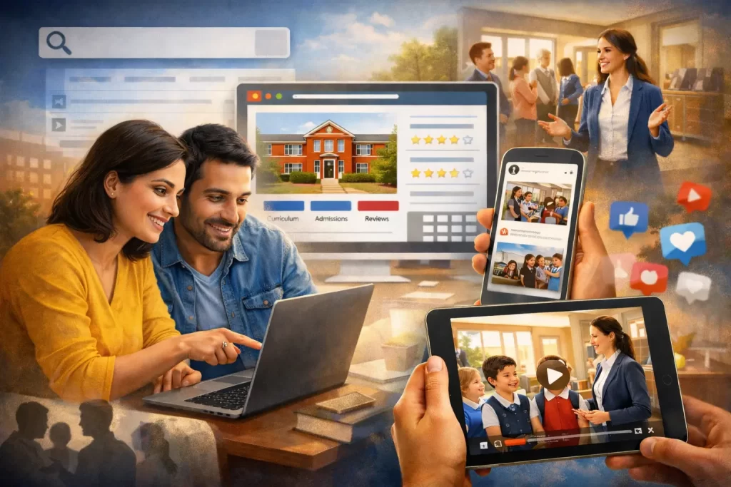 Indian parents researching and comparing schools online using a laptop and mobile devices, illustrating how digital marketing for schools influences discovery, evaluation, and admission decisions