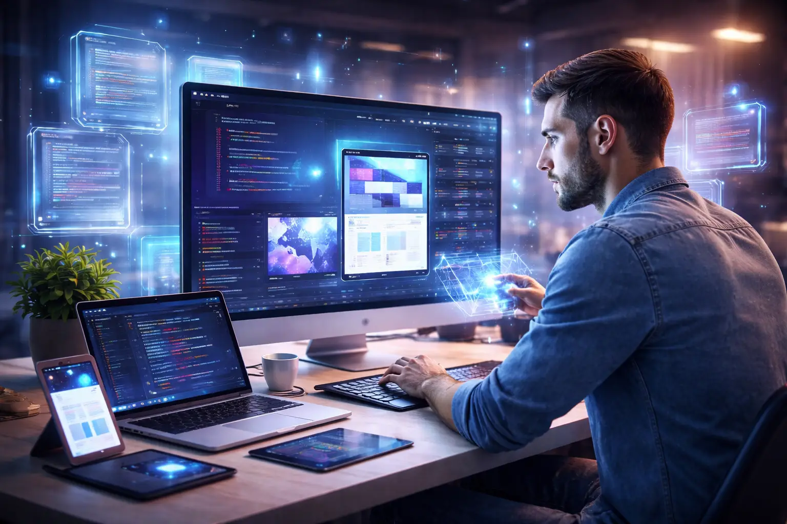Web developer using AI-driven tools for modern web design and development in a high-tech workspace