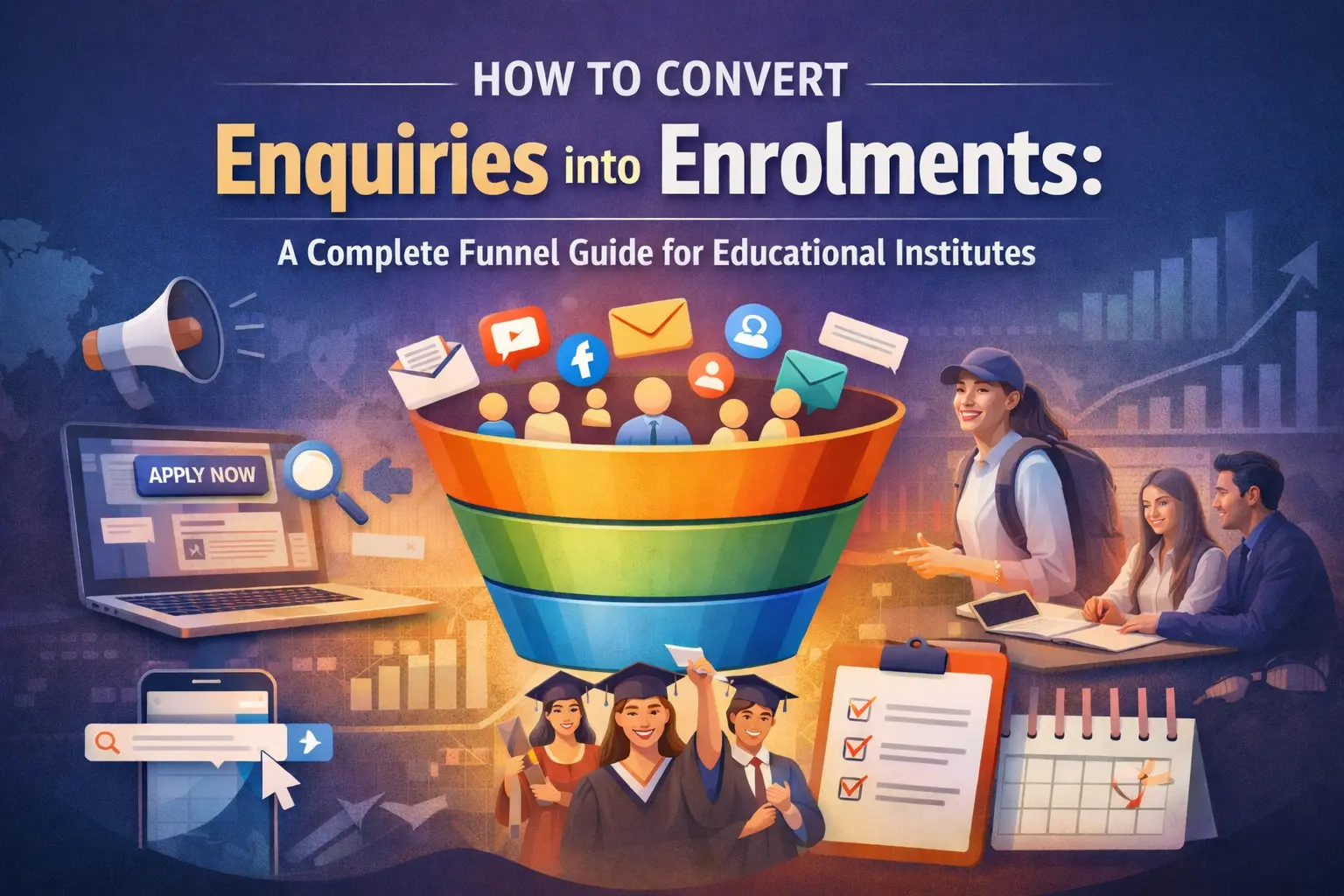 Visual representation of an education marketing funnel guiding student enquiries toward enrolment decisions.