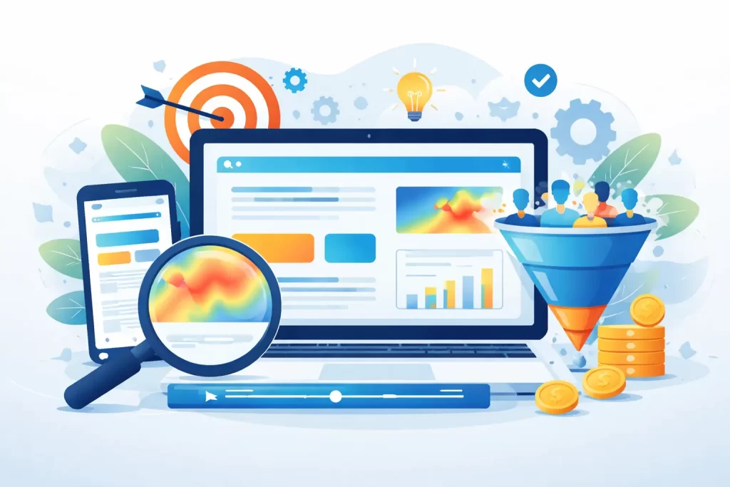 Illustration of a laptop displaying a website interface with heatmap analysis, session replay controls, conversion funnel, analytics charts, and user icons, representing UX design, CRO, and data-driven digital marketing performance optimisation
