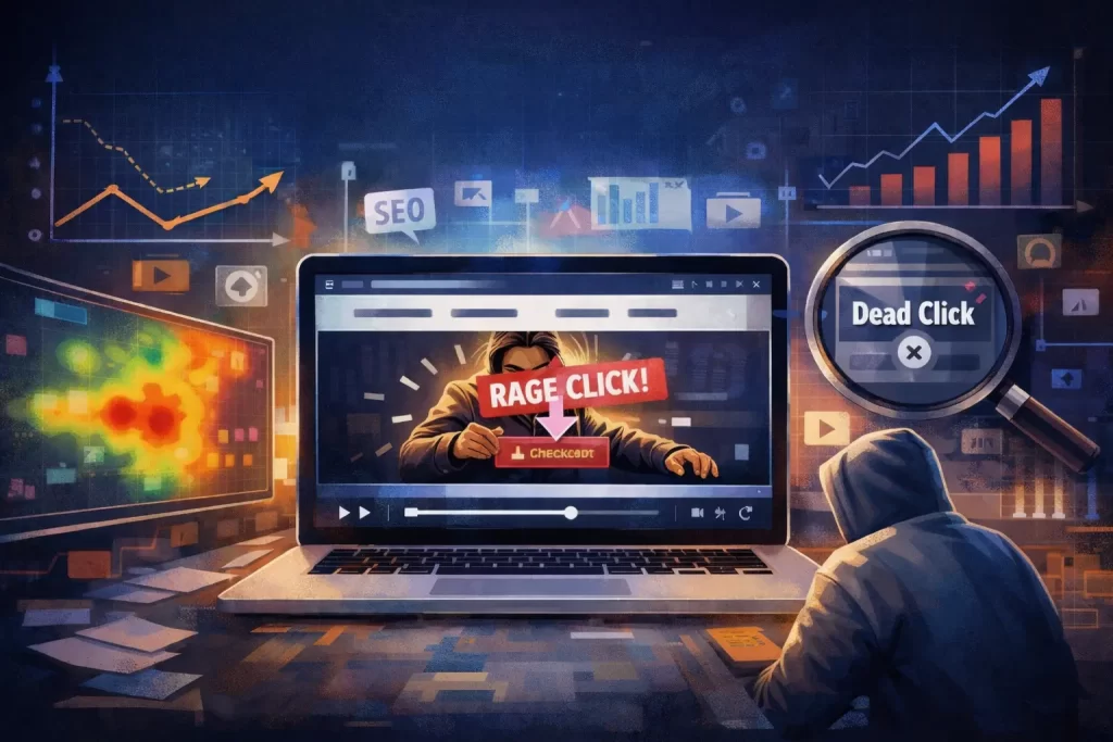 Illustration of website session replay analytics showing a laptop screen with a frustrated user repeatedly clicking a checkout button labeled “Rage Click,” alongside a colorful heatmap panel on the left and a magnified “Dead Click” warning on the right, set against a dark digital marketing dashboard background with graphs and rising traffic charts