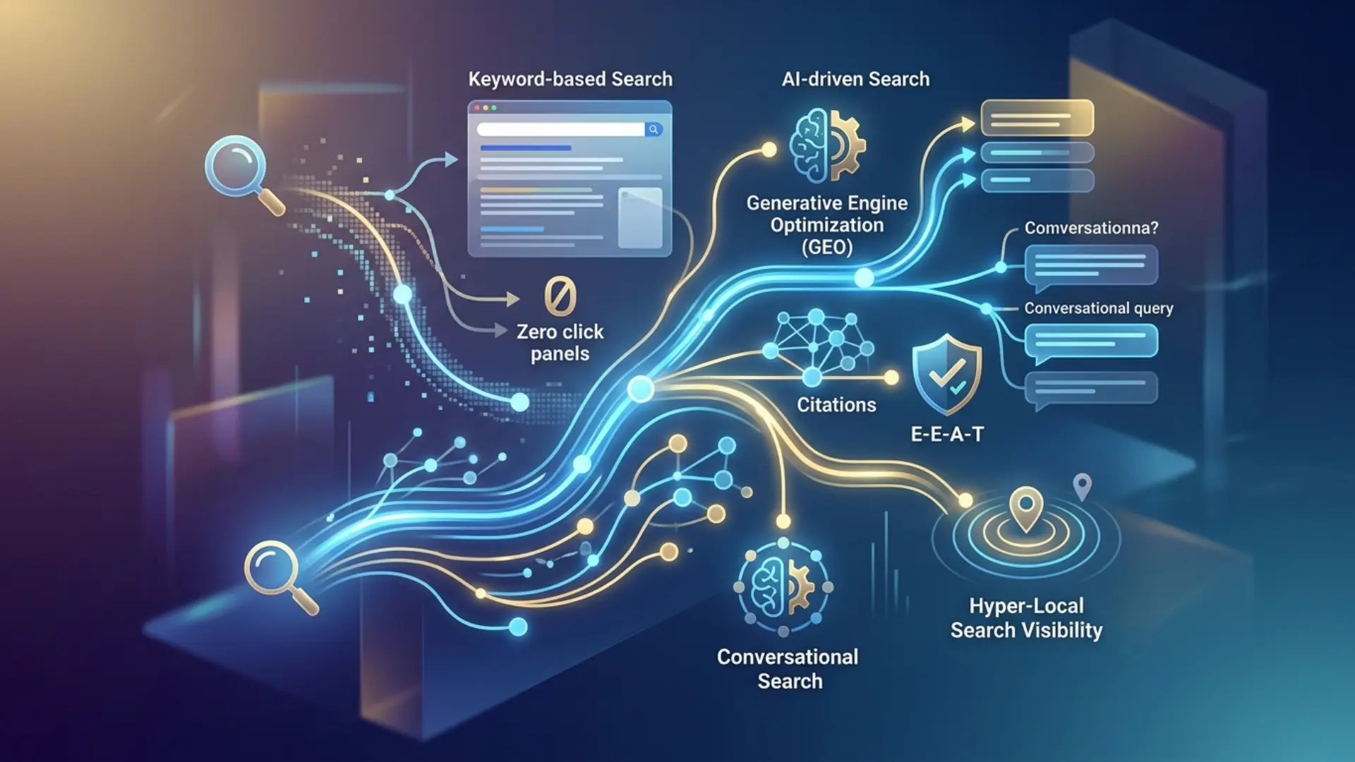 An isometric, high-tech infographic illustrating the evolution of search in 2026. On a dark blue, digital background, glowing fiber-optic lines branch out like a neural network. On the left, a traditional browser window represents "Keyword-based Search." The lines transition toward the right into a complex web of AI-driven icons, including a brain for "Generative Engine Optimization (GEO)," a shield for "E-E-A-T," citation nodes, speech bubbles for "Conversational Search," and a location pin for "Hyper-Local Search Visibility." The overall aesthetic is futuristic, sleek, and data-driven, using a palette of neon blue, gold, and teal.