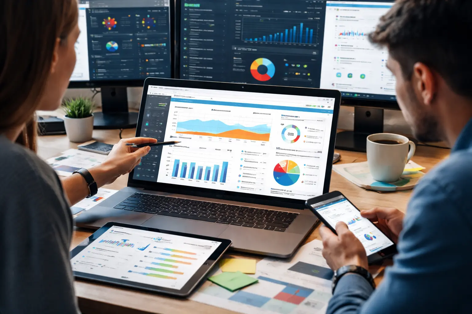 two professionals analyzing business data on multiple devices, including a laptop, tablet, and smartphone, with charts, graphs, and dashboards displayed on screens in a modern office setting.