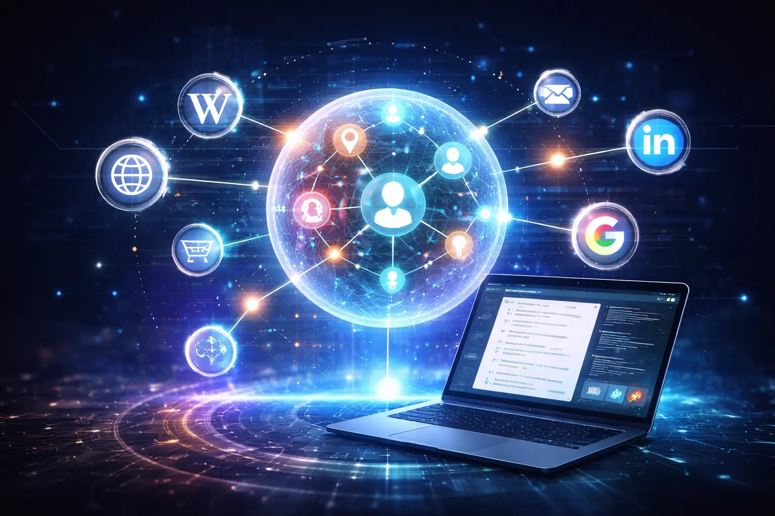 Futuristic digital illustration representing Entity-Based SEO in 2026: The New Search Ranking Framework, featuring a glowing knowledge graph sphere connected to multiple entities and a laptop displaying structured data.