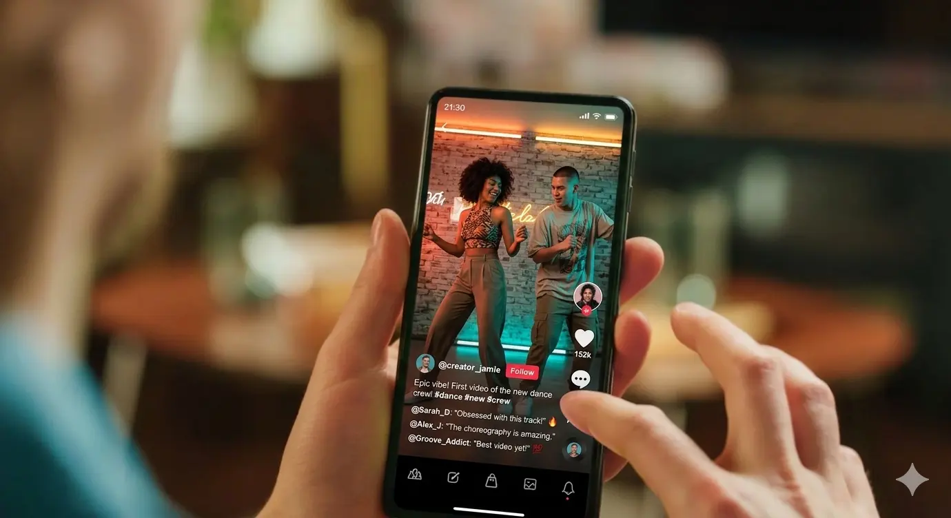 A close-up, over-the-shoulder shot of a person holding a smartphone in a dimly lit indoor setting. The phone screen displays a vertical social media video of two people—a man and a woman—dancing energetically in a studio with neon blue and orange lighting. The app interface is visible, featuring a "Follow" button,