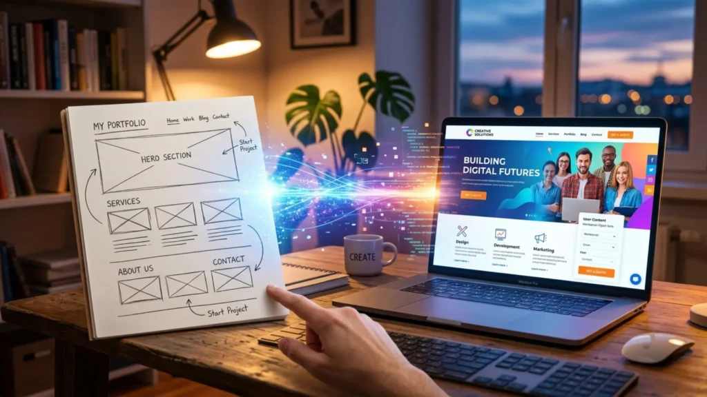 A vibrant digital image showing the transformation of a sketch into a functional website. On one side, a hand-drawn wireframe of a home page with basic layout