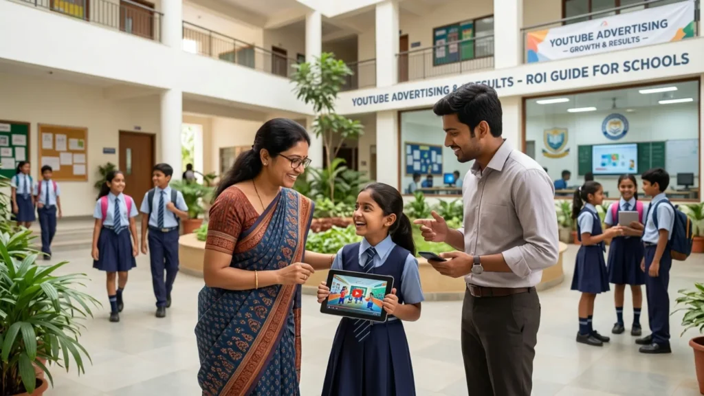 An Indian school setting featuring a teacher and a marketing professional in a brightly lit, modern courtyard. A young student in a blue and white uniform holds a tablet displaying a YouTube video with a red play button. The teacher and the young man smile and point toward the screen, symbolizing successful digital engagement. In the background, other Indian students walk through the hallway, and a subtle banner on the wall hints at digital growth and results for schools.